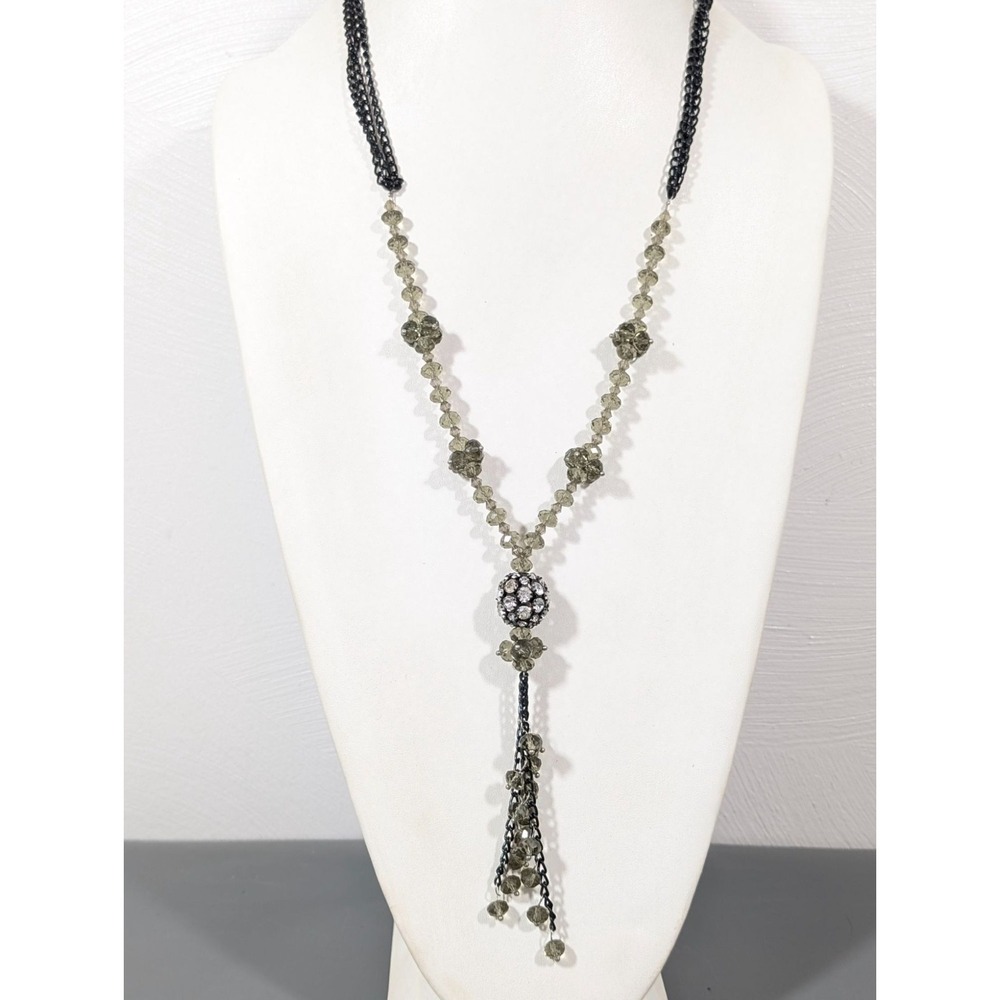 Smokey Gray Bead Crystal Ball Black Multi Chain‎ Tassel Necklace 28"
